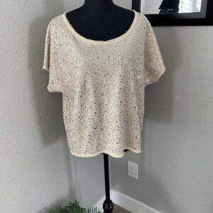 H&M Beige/Cream/Ivory Sequin Short Sleeve Boxy Blouse Top Medium